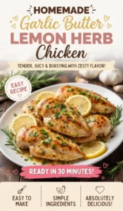 Pan-seared chicken breasts glazed in garlic butter and lemon, garnished with fresh parsley and lemon slices on a plate.