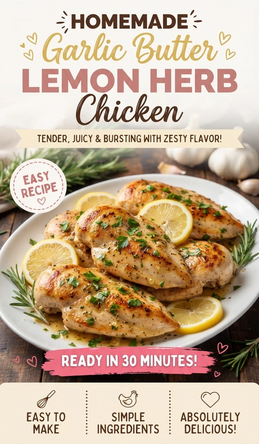 Pan-seared chicken breasts glazed in garlic butter and lemon, garnished with fresh parsley and lemon slices on a plate.