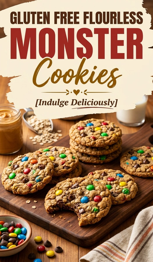 A stack of chewy flourless monster cookies loaded with oats, chocolate chips, and colorful M&M candies on a plate.