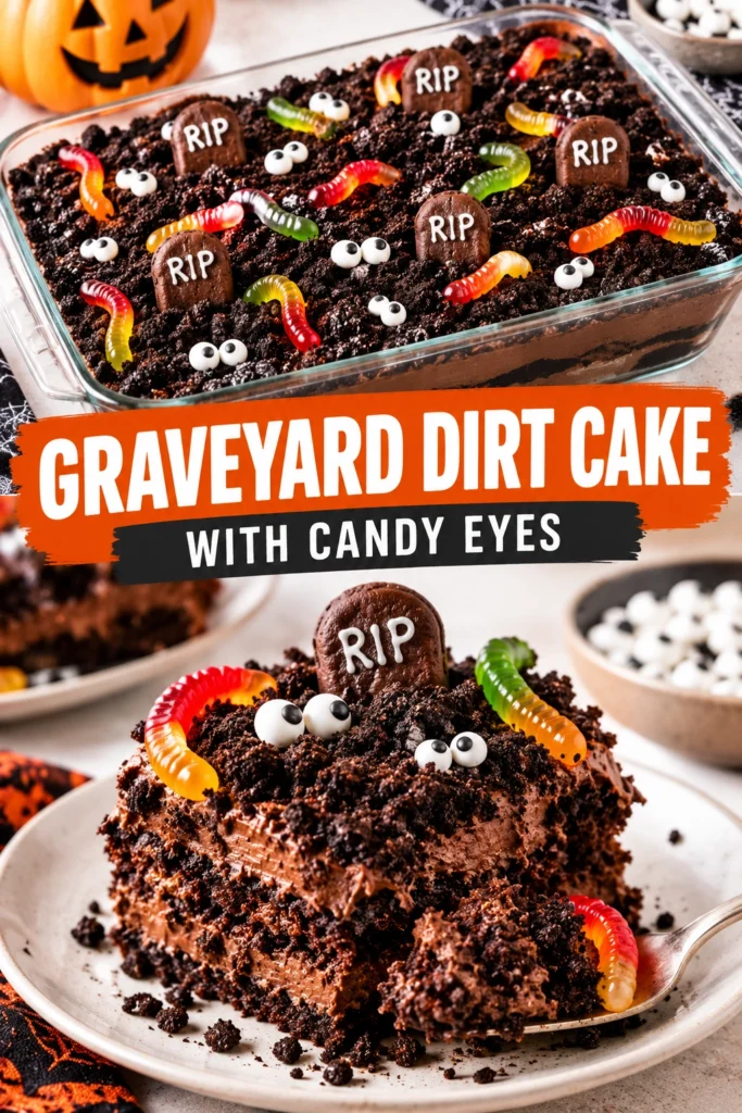 Chocolate pudding cake topped with crushed Oreo crumbs, chocolate tombstone cookies, and candy eyes in a glass serving dish.