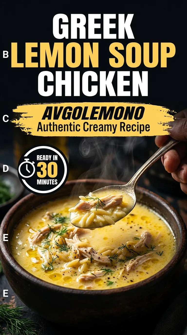 Creamy yellow Avgolemono soup with shredded chicken and rice in a white bowl, garnished with fresh parsley and lemon.