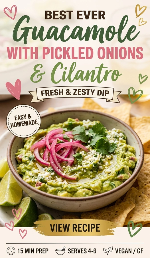 A bowl of creamy guacamole topped with bright pink pickled onions and fresh cilantro, served with tortilla chips.