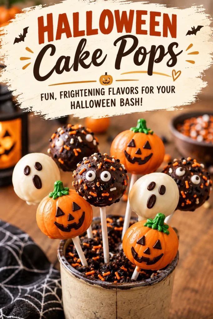 Assorted Halloween cake pops decorated as orange pumpkins, white ghosts, and purple monsters on sticks over a dark background.