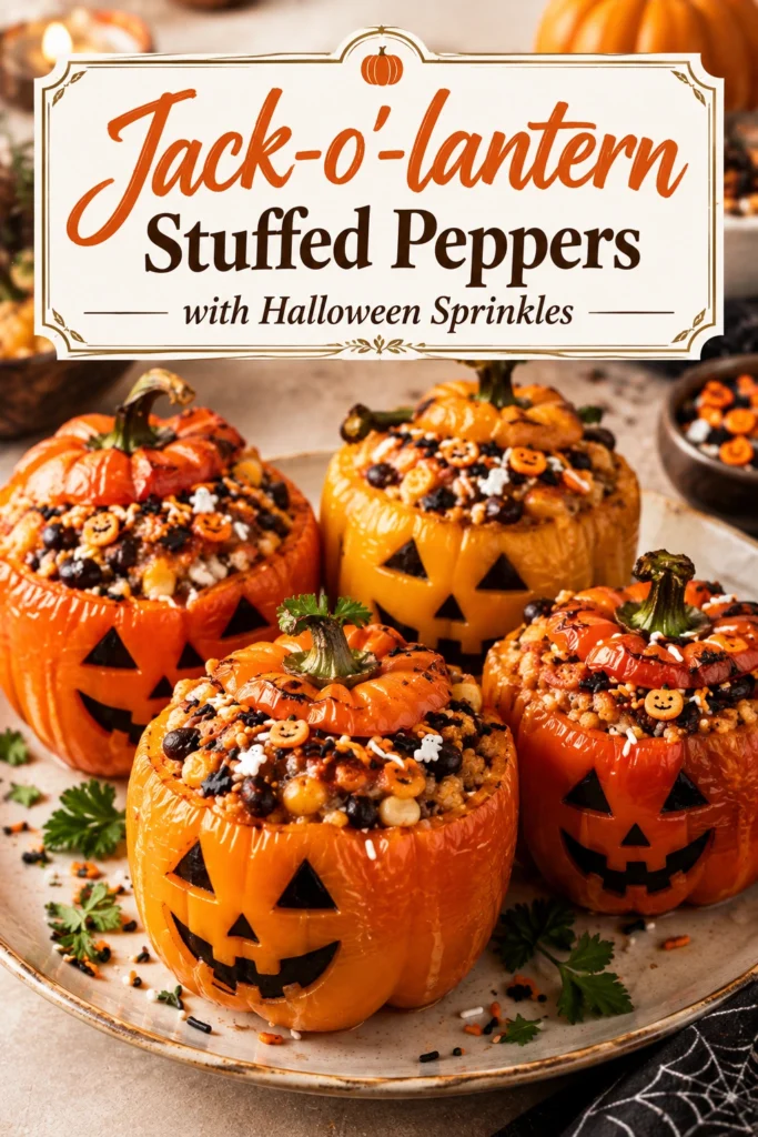 Orange bell peppers carved like jack-o'-lanterns, stuffed with savory filling and topped with festive Halloween-themed sprinkles.