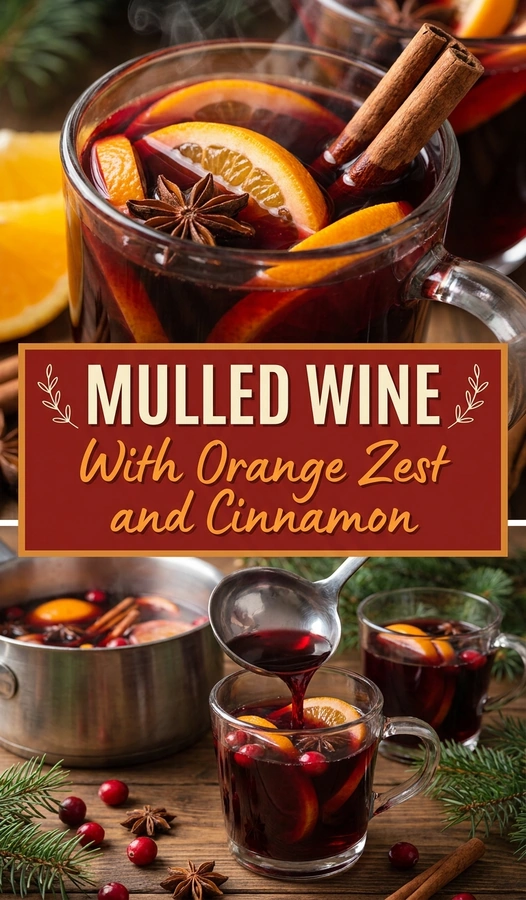 A glass of deep red mulled wine garnished with a cinnamon stick and an orange slice on a rustic background.