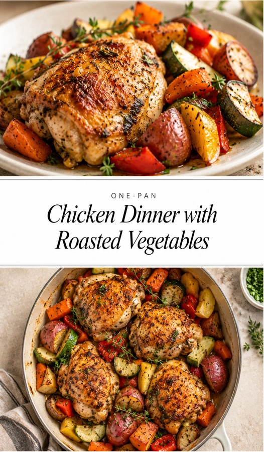 Golden brown roasted chicken thighs and colorful carrots, potatoes, and broccoli served together in a single rustic baking pan.