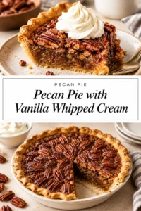 A slice of pecan pie topped with a dollop of vanilla whipped cream on a white ceramic plate.