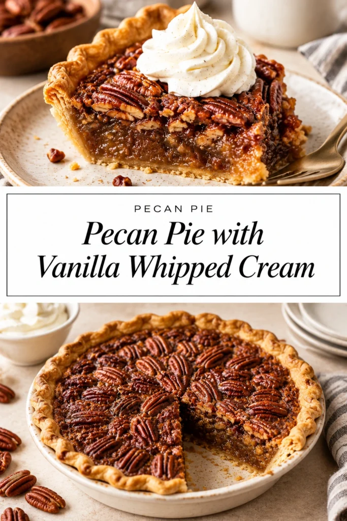 A slice of pecan pie topped with a dollop of vanilla whipped cream on a white ceramic plate.