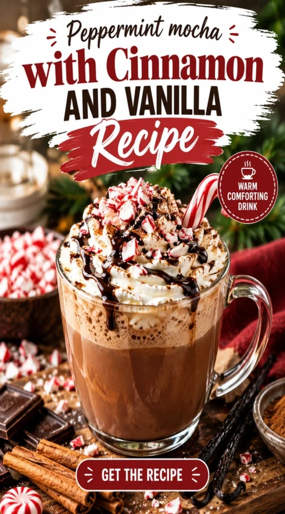 A glass mug of peppermint mocha topped with whipped cream, a sprinkle of cinnamon, and a peppermint candy garnish.
