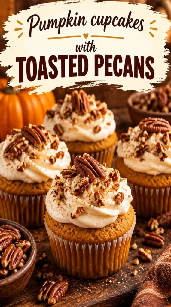 Three pumpkin cupcakes topped with swirls of cream cheese frosting and garnished with toasted pecan halves on a platter.