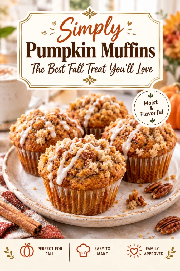 A stack of moist pumpkin muffins with golden brown tops, served on a rustic plate with autumn leaf accents.