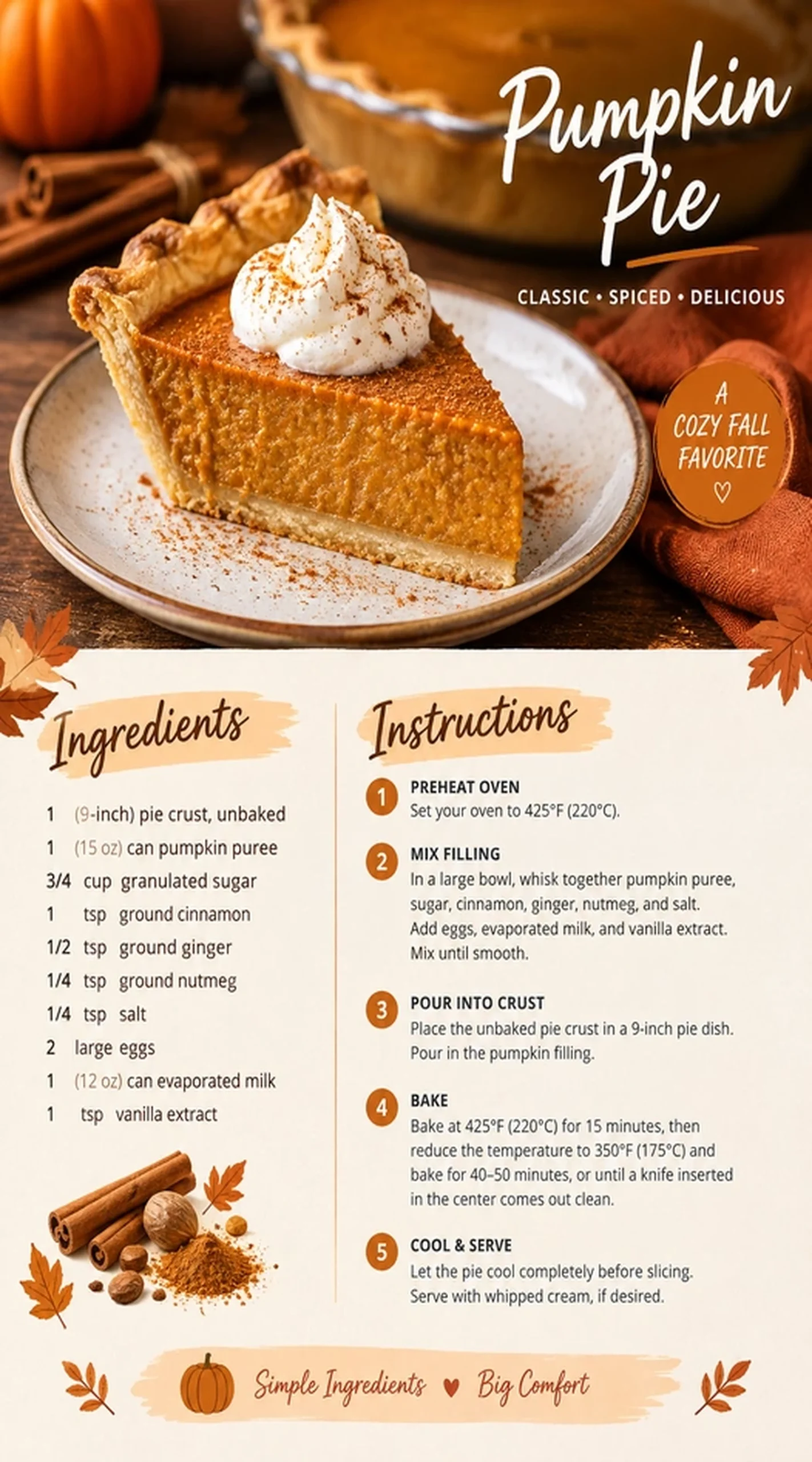 A slice of pumpkin pie with a dollop of whipped cream on a white plate, beside a whole pie.