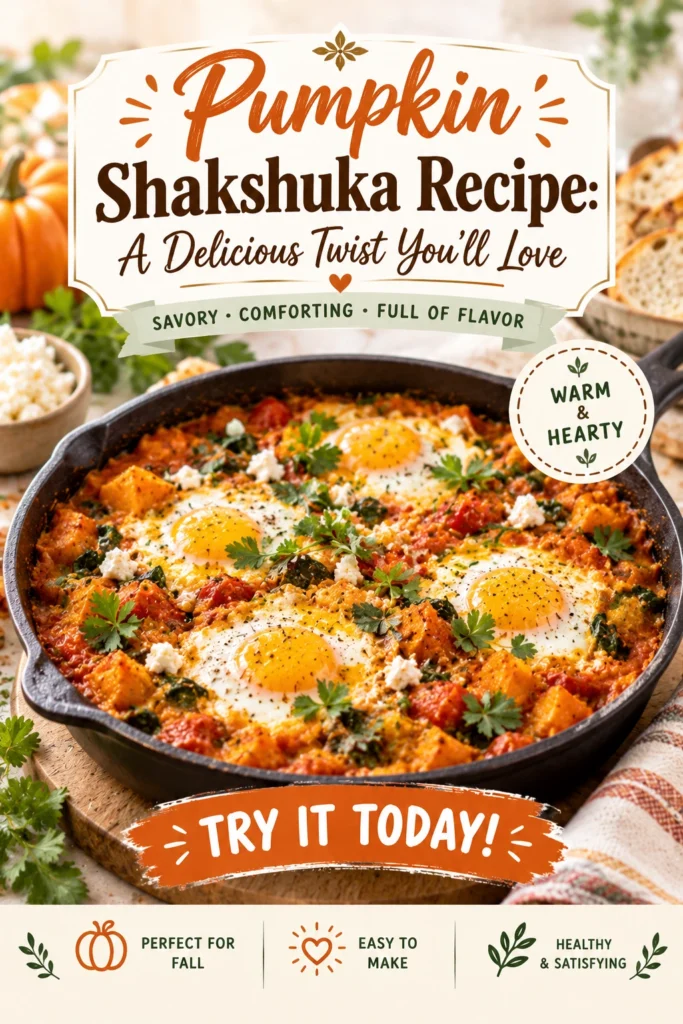 Poached eggs in a simmering pumpkin and tomato sauce, garnished with fresh parsley and feta in a cast-iron skillet.