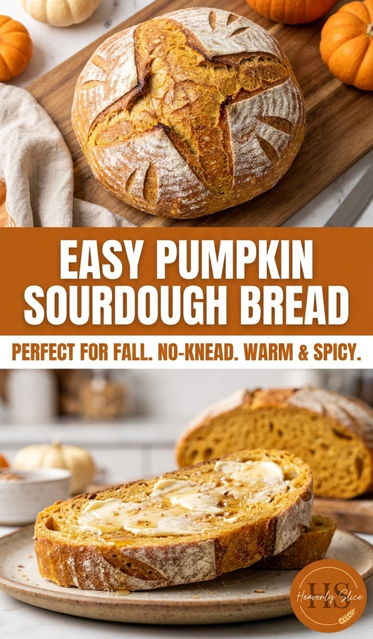A sliced loaf of orange-hued pumpkin sourdough bread with a golden brown crust on a rustic wooden cutting board.