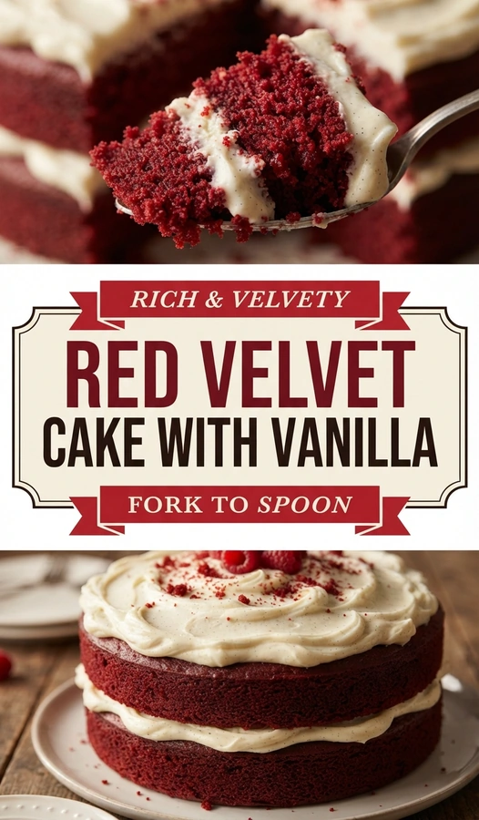 A slice of layered red velvet cake with white vanilla bean frosting, served on a plate with a fork.