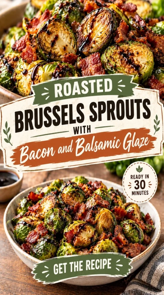 Roasted Brussels sprouts with crispy bacon bits, drizzled with a dark balsamic glaze in a shallow serving bowl.