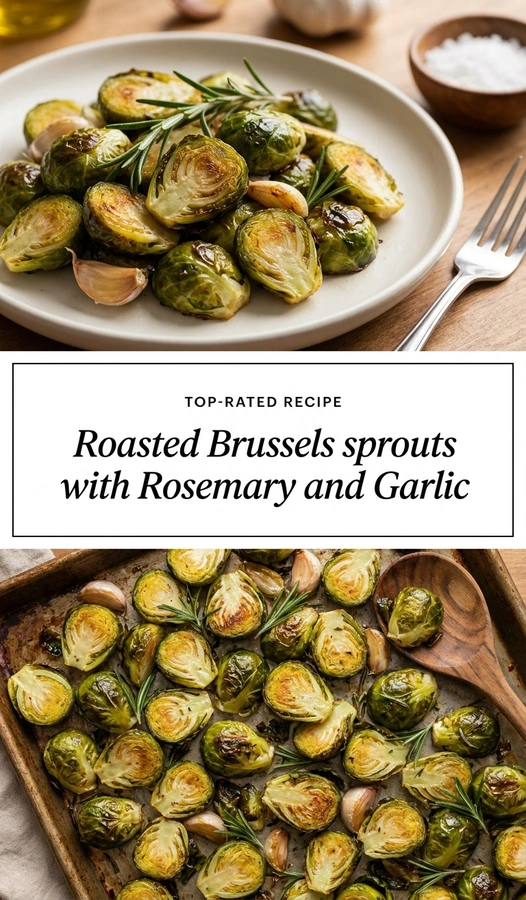 Charred roasted Brussels sprouts tossed with minced garlic and fresh rosemary sprigs on a dark ceramic serving platter.