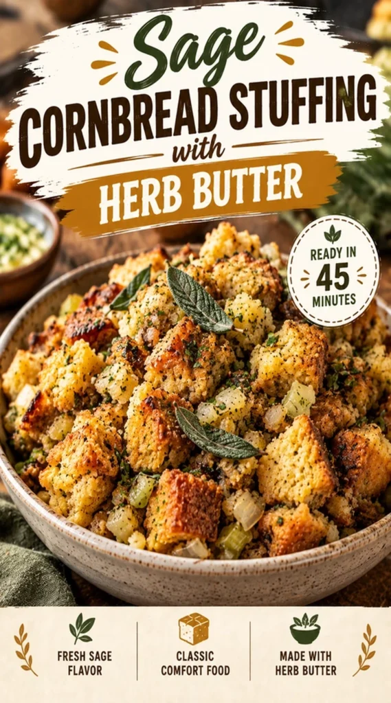 A ceramic baking dish filled with golden-brown cornbread stuffing, topped with melted herb butter and fresh sage leaves.