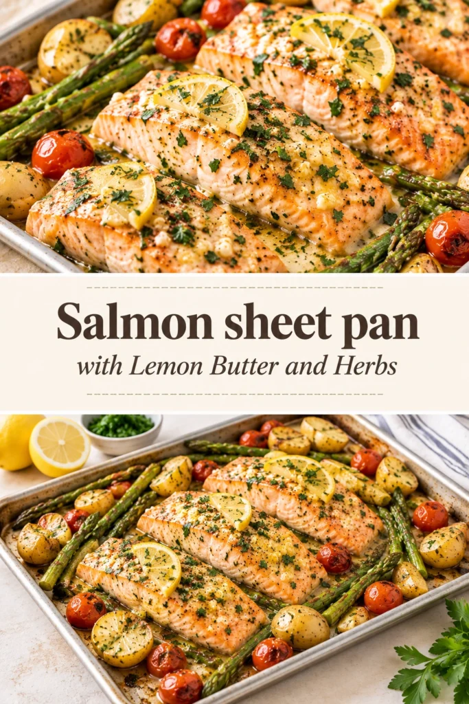 Roasted salmon fillets on a sheet pan with melted lemon butter, fresh herbs, and roasted asparagus and baby potatoes.