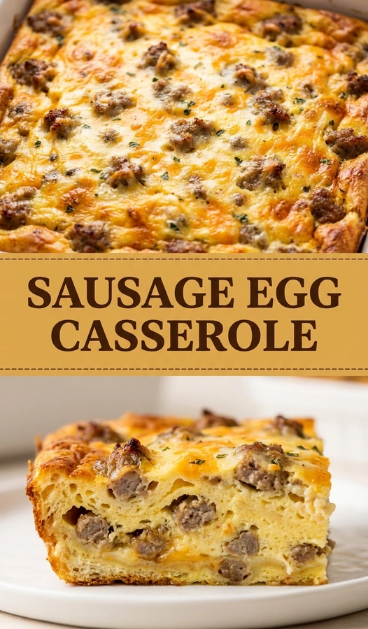Baked sausage and egg casserole in a glass dish, topped with melted cheese and fresh chopped parsley.