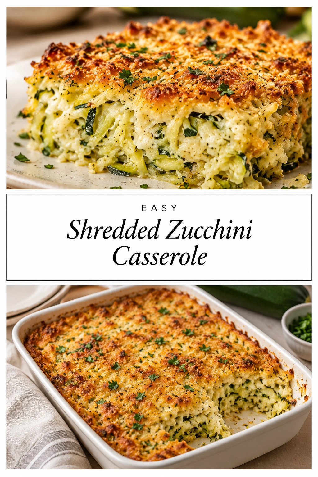 A golden-brown shredded zucchini casserole in a baking dish, topped with melted cheese and fresh parsley garnish.