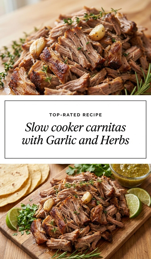 Slow cooker carnitas shredded pork served in a bowl, garnished with fresh cilantro and lime wedges on a table.
