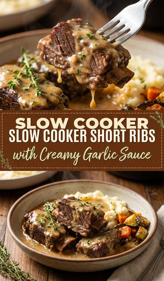 Tender slow cooker short ribs smothered in a creamy garlic sauce, served in a dish and garnished with fresh parsley.