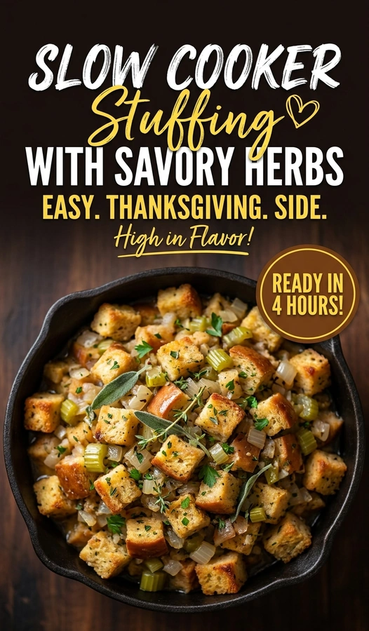 Golden brown slow cooker stuffing with fresh parsley and savory herbs served in a ceramic pot on a table.