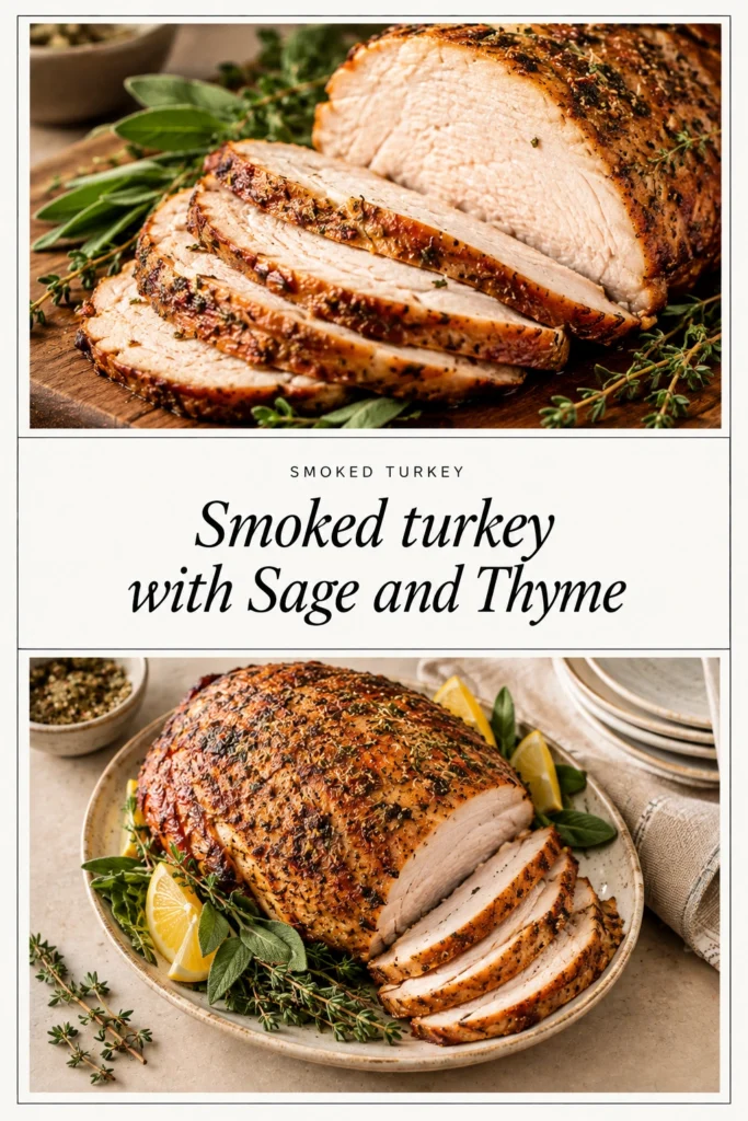 Whole smoked turkey with golden-brown skin, garnished with fresh sage and thyme sprigs on a rustic wooden platter.