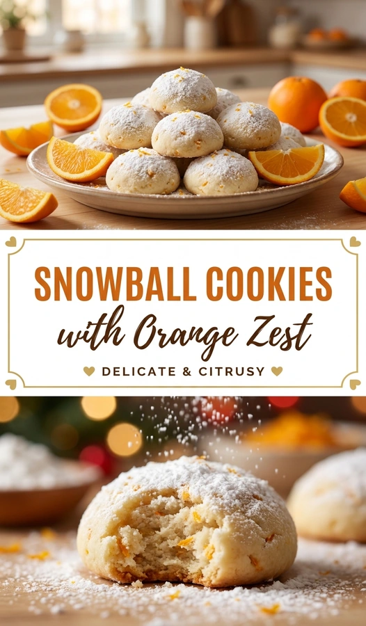 A pile of round snowball cookies coated in powdered sugar and garnished with fresh orange zest on a platter.