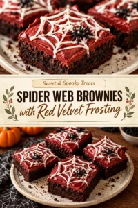 Chocolate brownies topped with bright red velvet frosting and a white chocolate spider web design piped over the top.