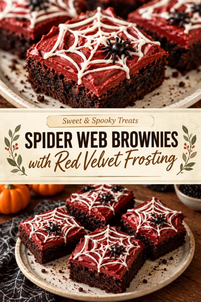 Chocolate brownies topped with bright red velvet frosting and a white chocolate spider web design piped over the top.