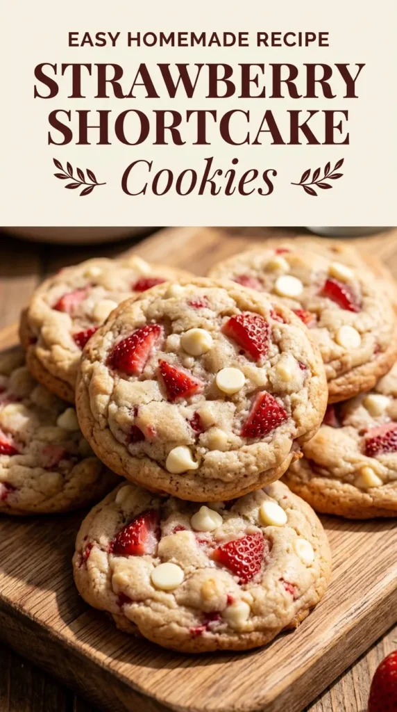 Soft sugar cookies topped with a dollop of whipped cream and a fresh sliced strawberry on a baking sheet.