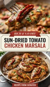 Pan-seared chicken breasts in a creamy Marsala sauce with sun-dried tomatoes and sliced mushrooms, garnished with fresh parsley.