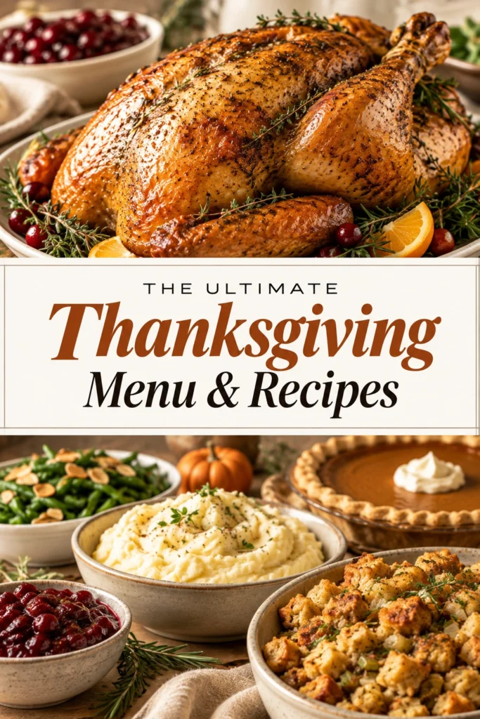 Roasted golden-brown turkey on a platter surrounded by stuffing, cranberry sauce, roasted carrots, and mashed potatoes on a table.