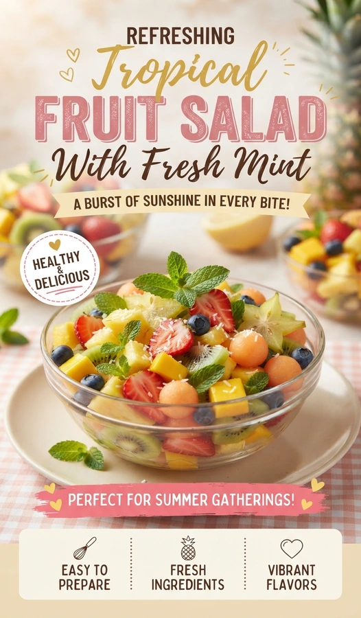 A colorful bowl of diced pineapple, mango, papaya, and kiwi garnished with fresh mint leaves in a white dish.