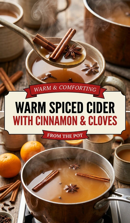 A glass mug of warm spiced cider garnished with a cinnamon stick and star anise on a rustic wooden table.