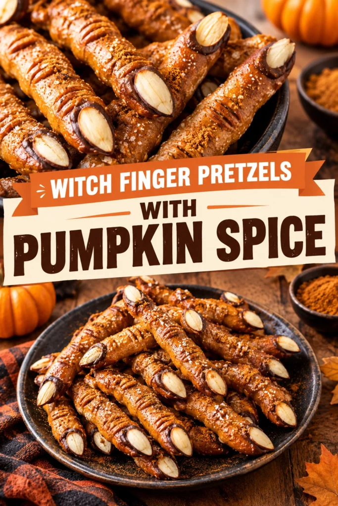 Long, finger-shaped pretzels coated in orange pumpkin spice sugar with sliced almond slivers for fingernails on a platter.