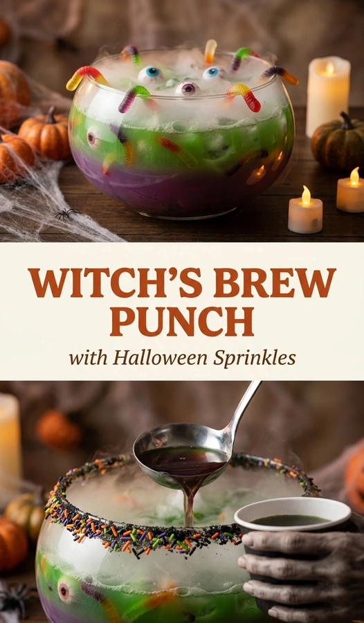 A glass bowl of bright green punch topped with colorful Halloween sprinkles and floating ice cubes on a table.