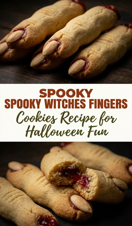Long, pale cookies shaped like fingers with almond slice nails and red jam accents to look like spooky knuckles.