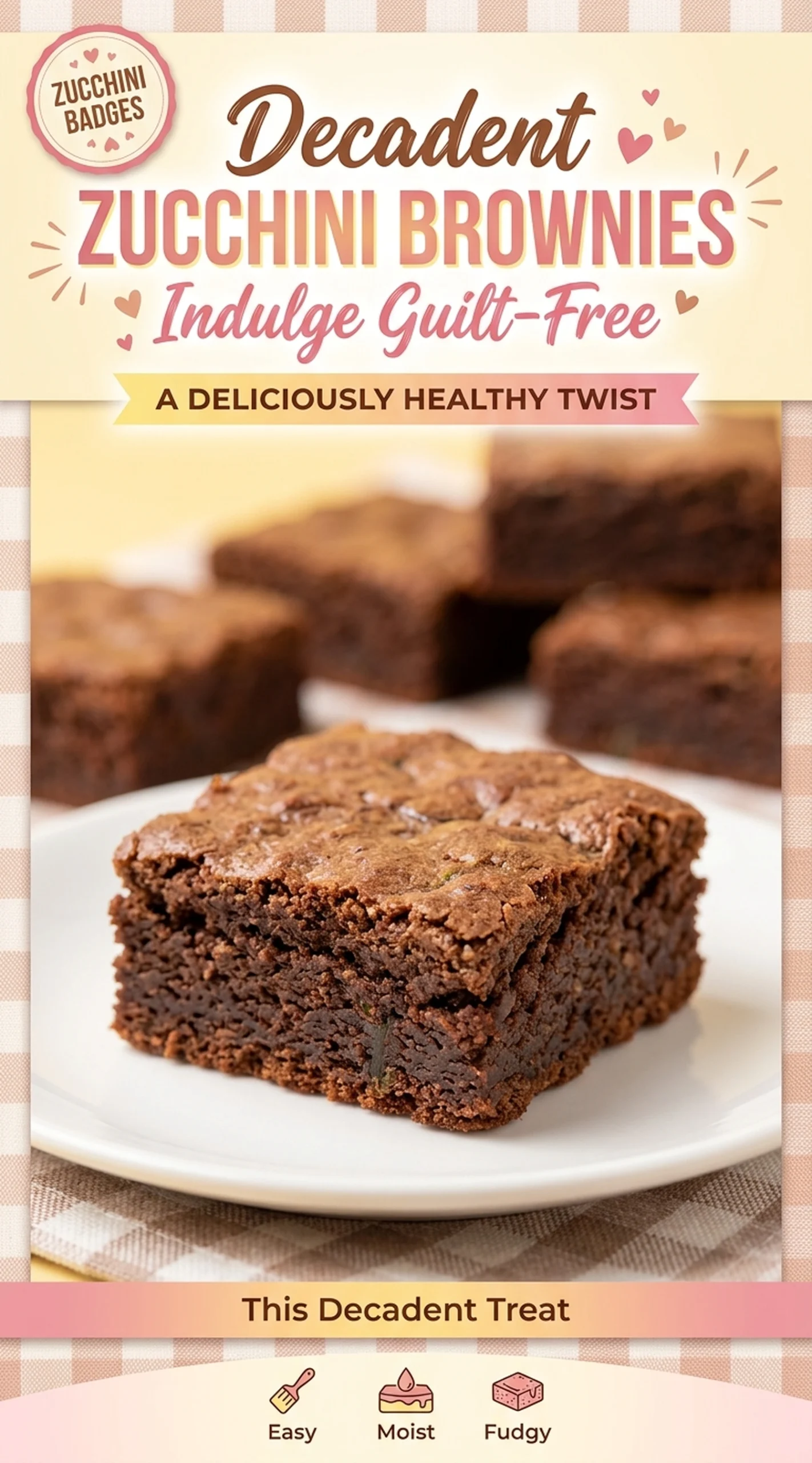 A stack of moist, dark chocolate zucchini brownies topped with a dusting of powdered sugar on a white plate.