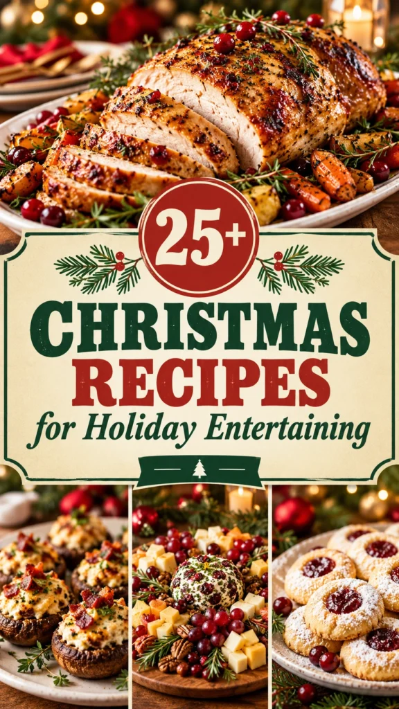 A collage of festive Christmas recipes featuring appetizers, mains, and desserts for entertaining