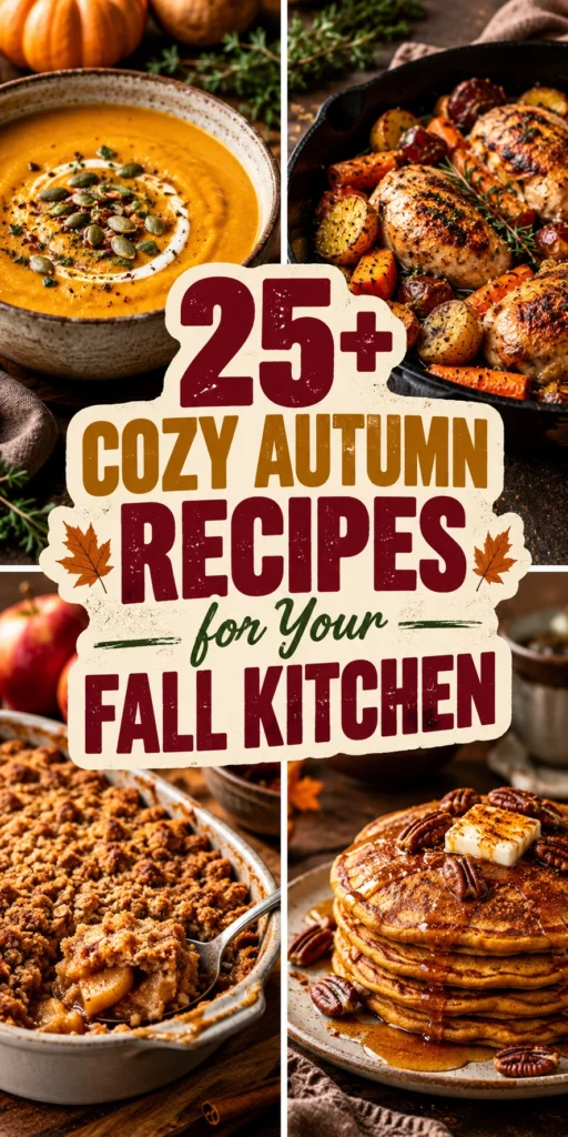 A collage of cozy autumn recipes featuring pumpkin soup and baked apple desserts