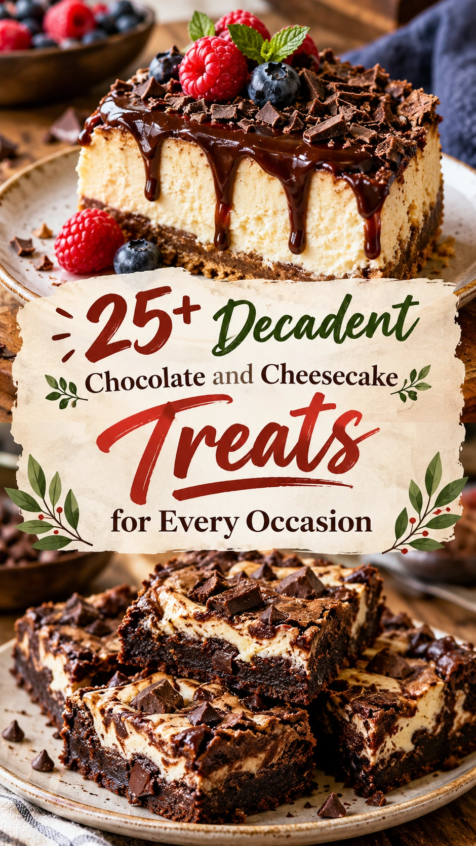 A collage of decadent chocolate and cheesecake treats arranged in a vertical layout