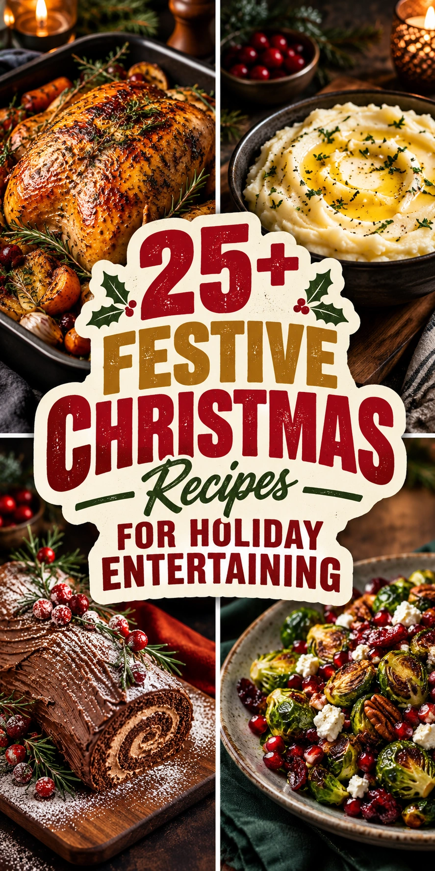 A collage of festive Christmas recipes including roasted meats and holiday desserts