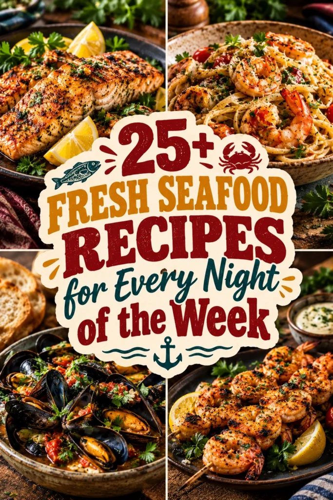 A collage of fresh seafood recipes featuring grilled salmon, shrimp, and scallops