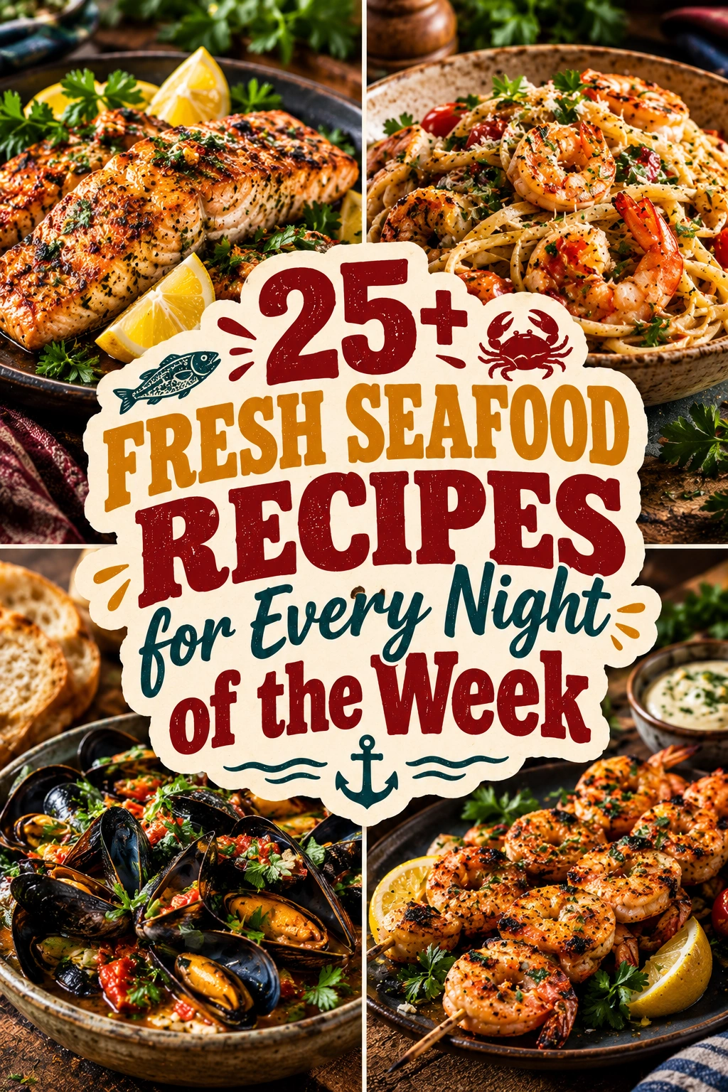 A collage of fresh seafood recipes featuring grilled salmon, shrimp, and scallops