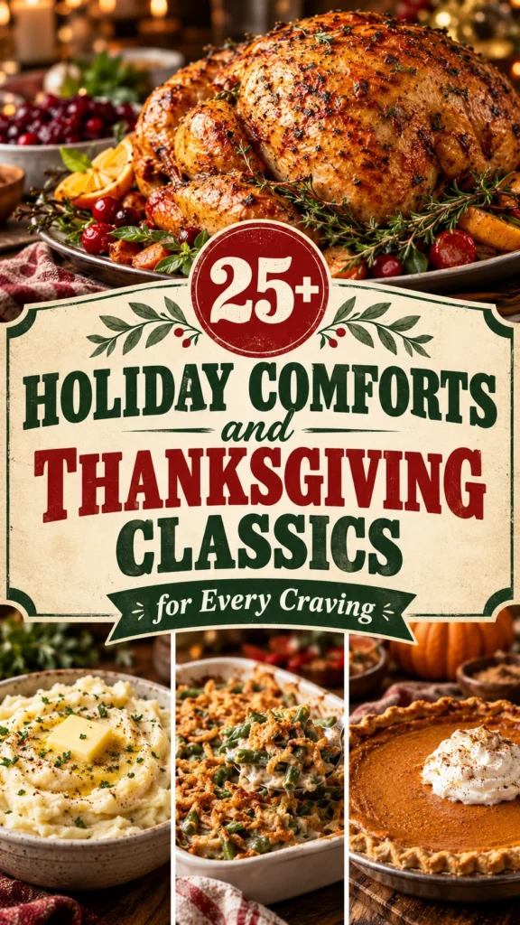 Collage of holiday comfort foods and Thanksgiving classics in a vertical listicle layout