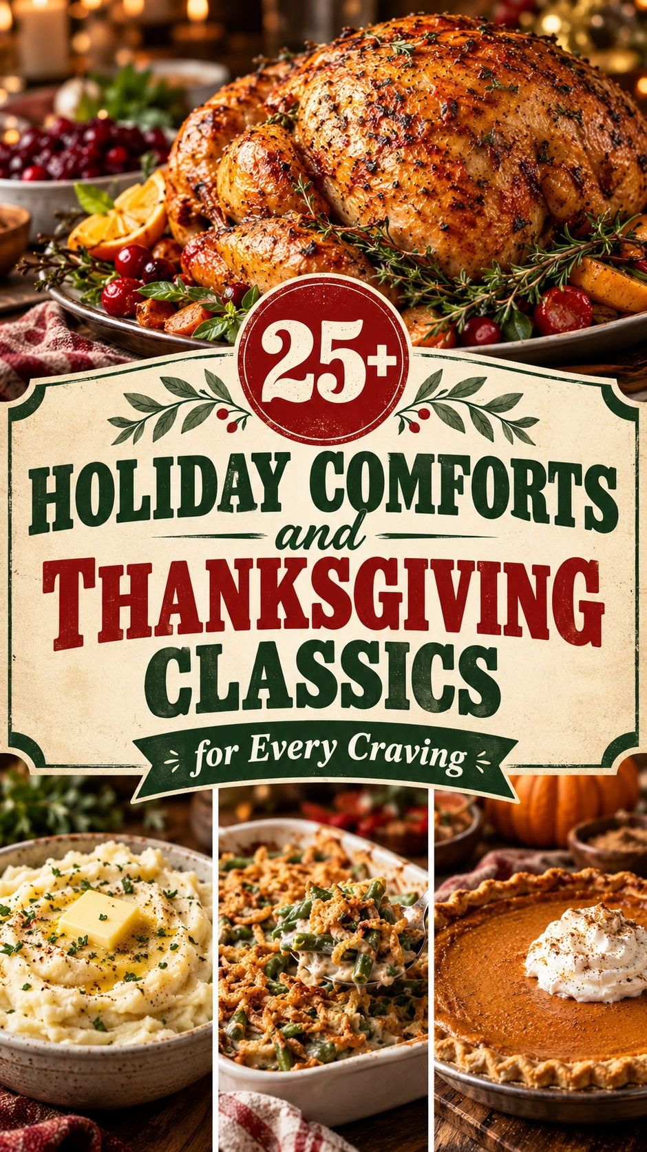 Collage of holiday comfort foods and Thanksgiving classics in a vertical listicle layout