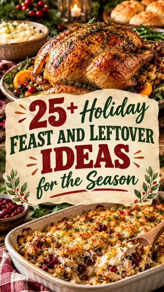 Collage of holiday feast dishes and leftovers with a festive seasonal title